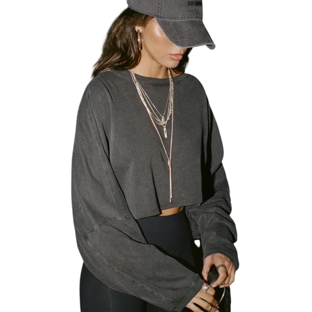 Joah Brown Slouchy Crop Long Sleeve Washed Black S/M Oversized Cotton Top - Picture 3 of 8
